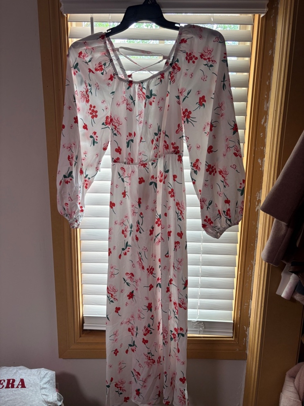 White Floral Maxi Dress with Red & Green Print